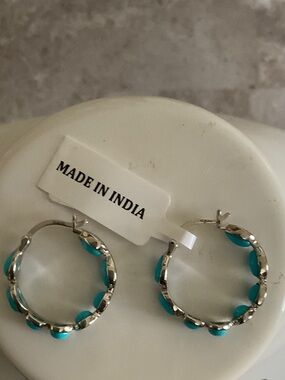 Turquoise Accented Silver Hoop Earrings